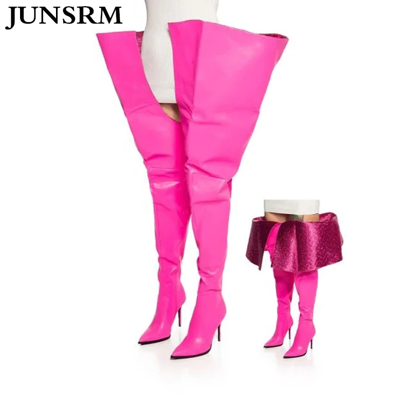 

Fashion Sexy Wide Thigh Boots Pink Sexy Pointed Toe Stiletto Heel Over The Knee Boots Women New Slim Super High Heel Runway Shoe