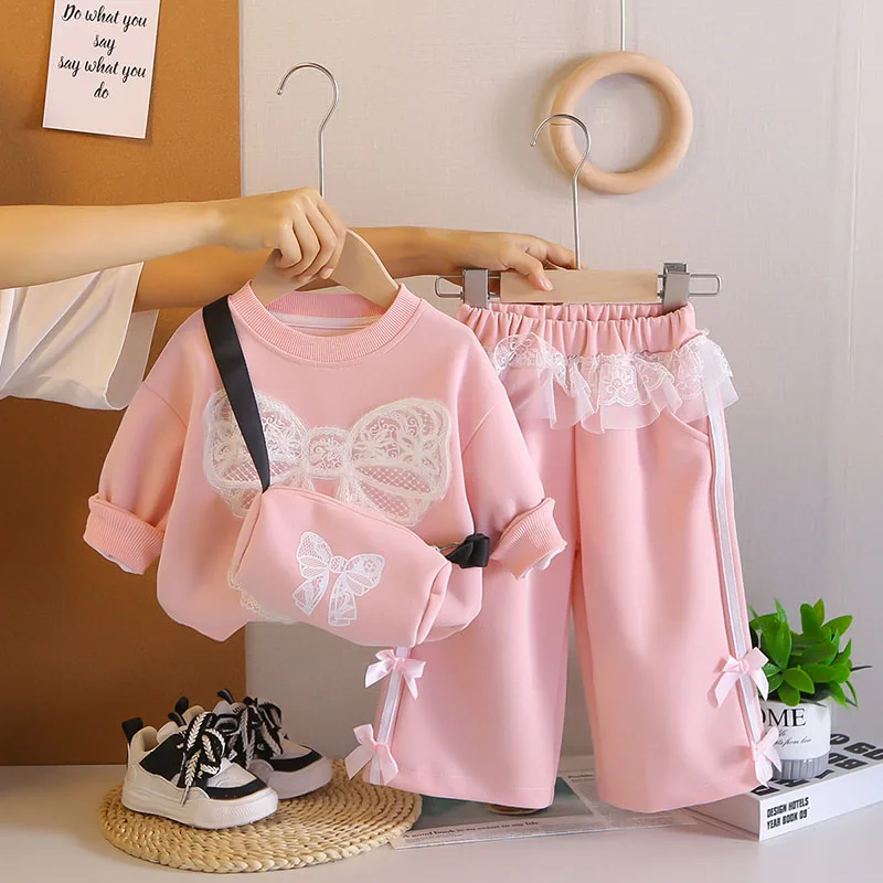 Girls Autumn Hoodie Set Lace Bow Pullover Pants