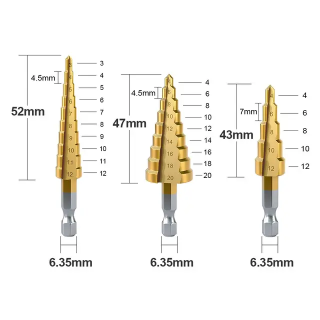 Set 4 Punte Coniche HSS A Gradini Con Rivestimento Titanio - Ø 5-35mm Per Metallo, Legno, Plastica - Foto 10