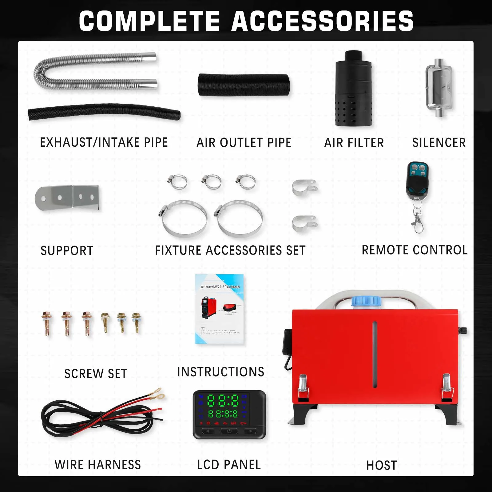 8KW 12V Diesel Air Heater All in One Mini Heater With Silencer LCD Switch Remote Control For Bus Trucks SUV Cars Motorhome RV