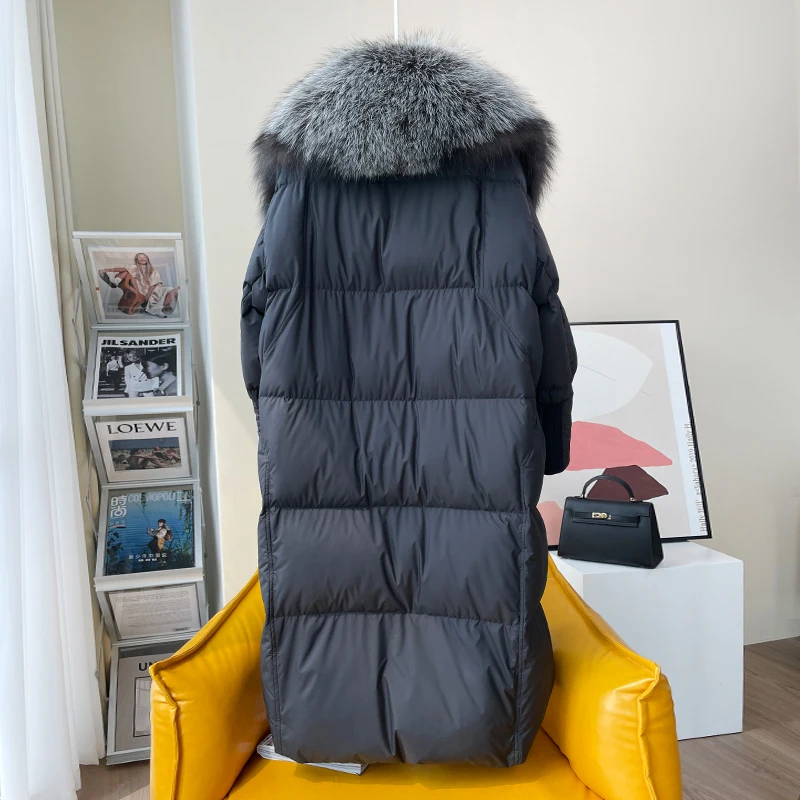 Winter Women's Coat White Goose Down With Real Fox Fur Collar Long Jacket New Fashion Full Sleeves Thick Warm Luxury Female