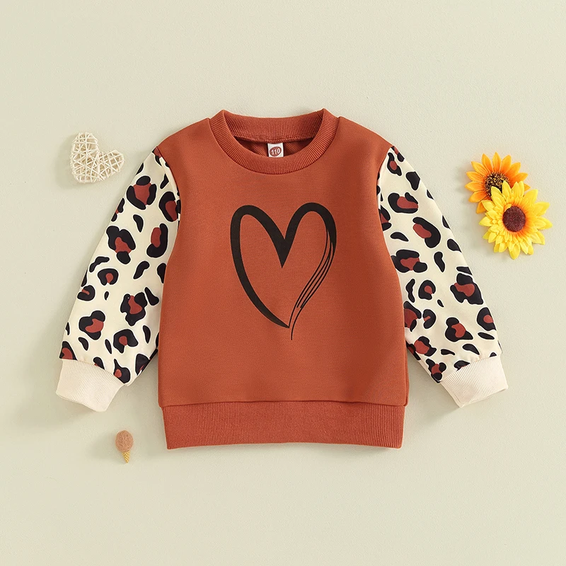 

2023-09-21 Lioraitiin 2-6Y Autumn Toddler Kids Girl Sweatshirt Tops Heart&Leopard Print Patchwork Long Sleeve Pullover Tops