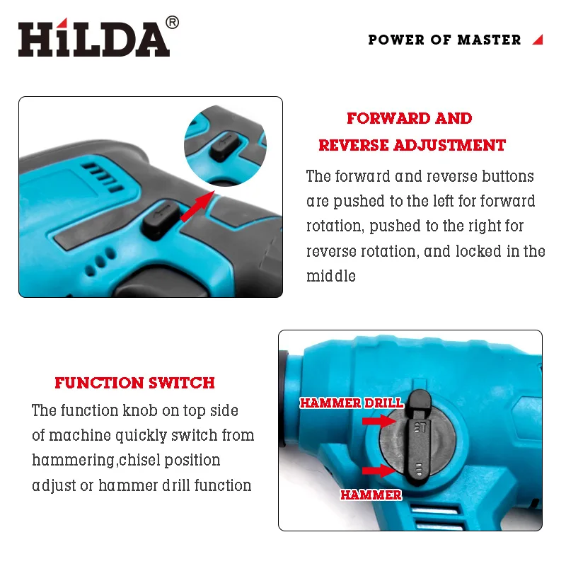 HILDA Electric Hammer Impact Drill Rechargeable Lithium Battery Rotary Hammer Wireless Electric Drill 21V 4