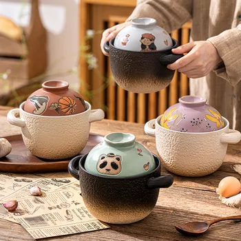 Open Fire Casserole Soup with Clay Pot Rice Creative Hand-painted Soup Bowl with Two-in-one Lid for Household Use One