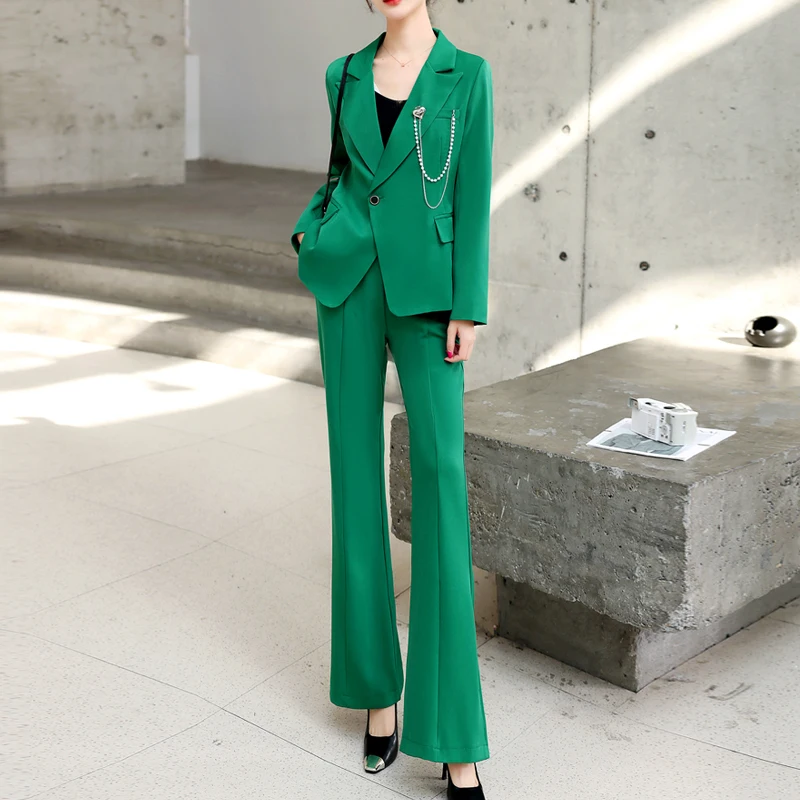 

Women Slim Blazer Jackets Suit Casual Lapel Long Sleeve Office Lady Single Button Coat Top Loose Flare Pants Set Woman 2 Pieces