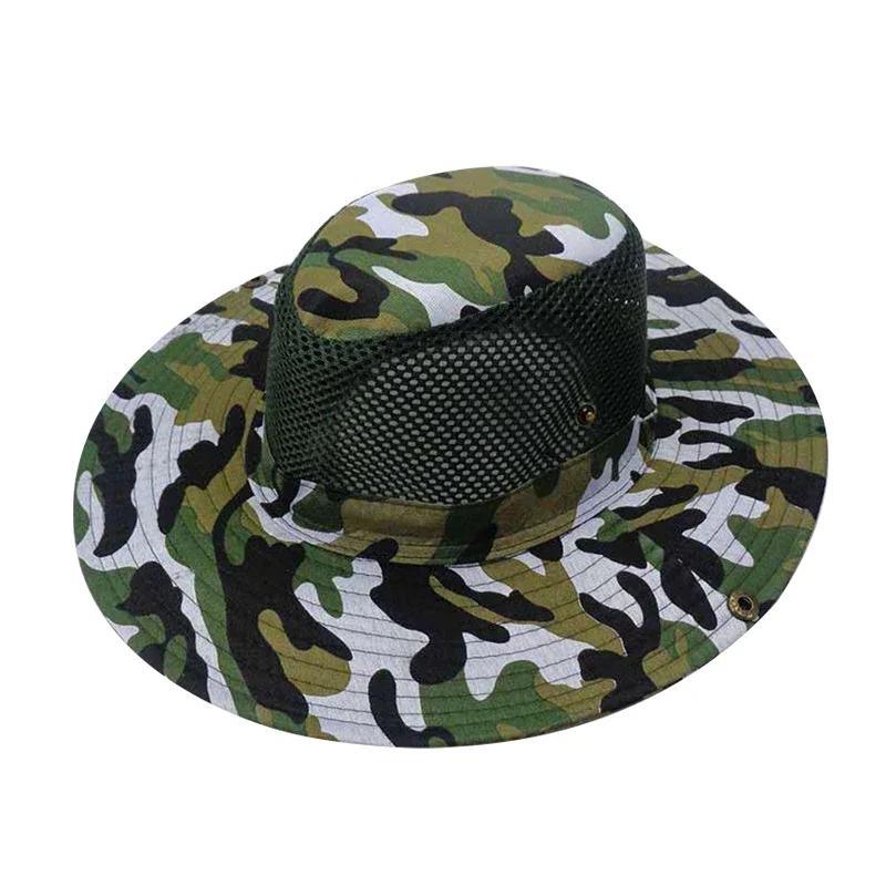 Outdoor Wide Brim Sun Cap Hunting Fishing Sunhat Hiking Mesh Breathable Camouflage Bucket Hat Man Sun Cap