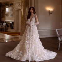 Customized A-Line Romantic Wedding Dresses V-Neck Sleeveless Vestido De Novia Lace Appliques 3D Flowers Classic Robe De Mariee 1