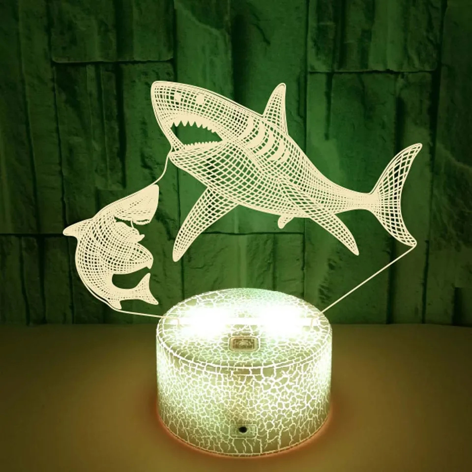 3D Optical Illusion Shark Night Light - 16 Color Changing LED Desk Lamp With Remote & Touch Control, USB Powered (Acrylic)