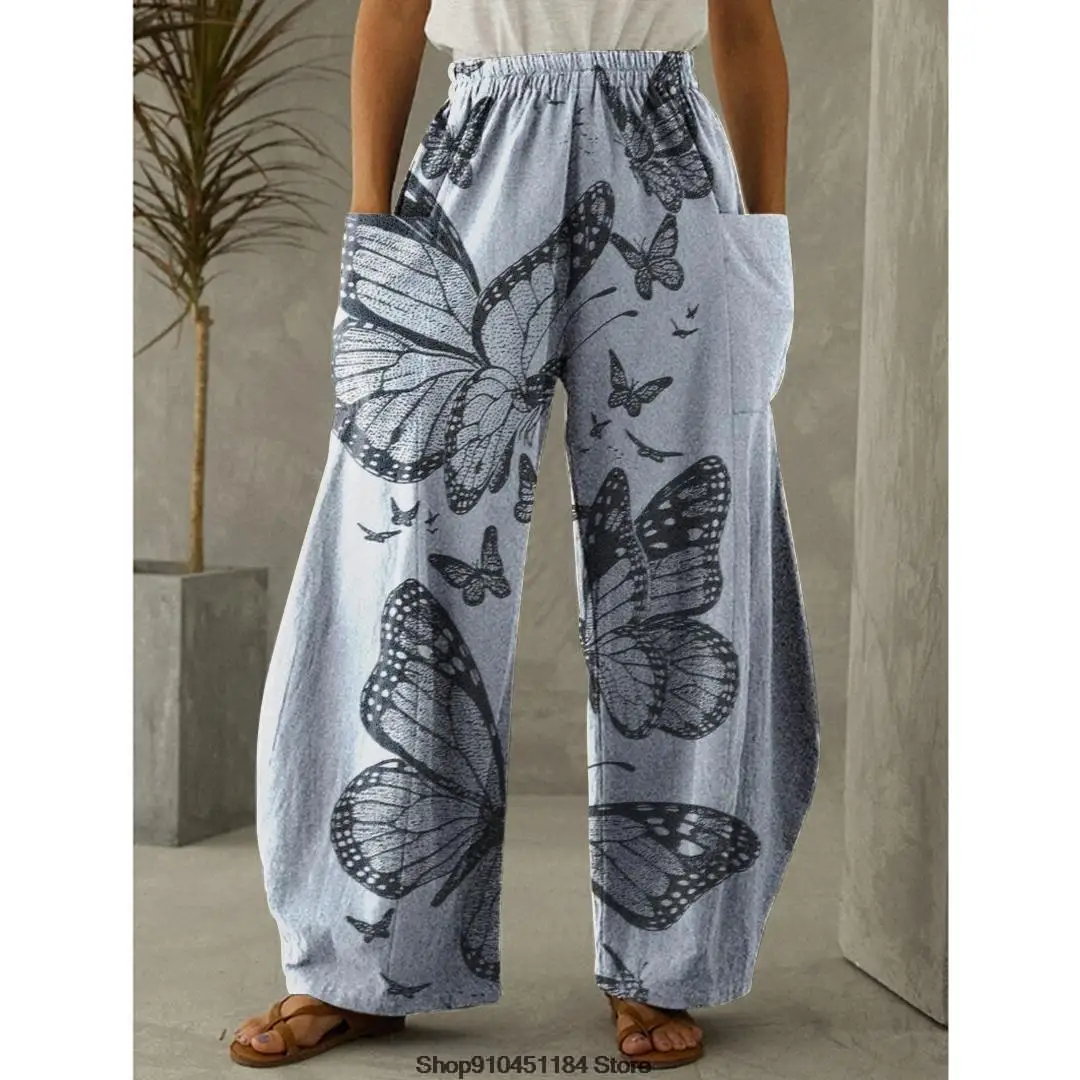 2022 Spring Butterfly Print Long Pants Casual Loose Trousers Bohemian Vintage Beach Wear Women Pretty Wide Leg Trousers