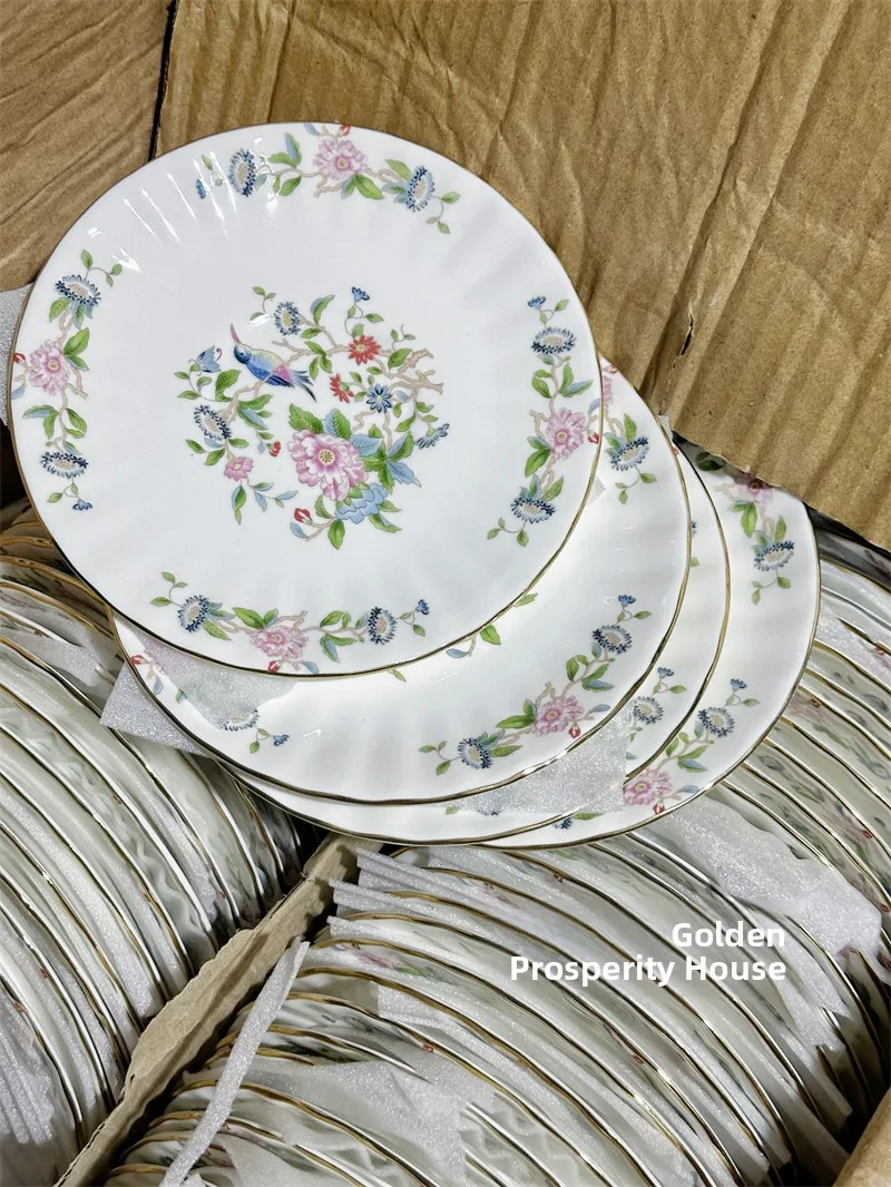 Retro Court Sle Bird And Flower Double Ear Bowl Plate European Design Breakfast Cup Dert Bowl Plate Set Handmade Bone China