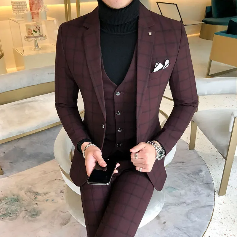 Blazer and Vest and Pants / Boutique Fashion Plaid Men's Casual Business Suit 3pcs Set Groom Wedding Dress Performance Costume mens suit