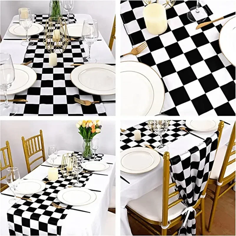 Classic Black White Checkered Table Runner Polyester Racing Theme Party Table Decor Soccer Goal Cup Wedding Table Runners 5