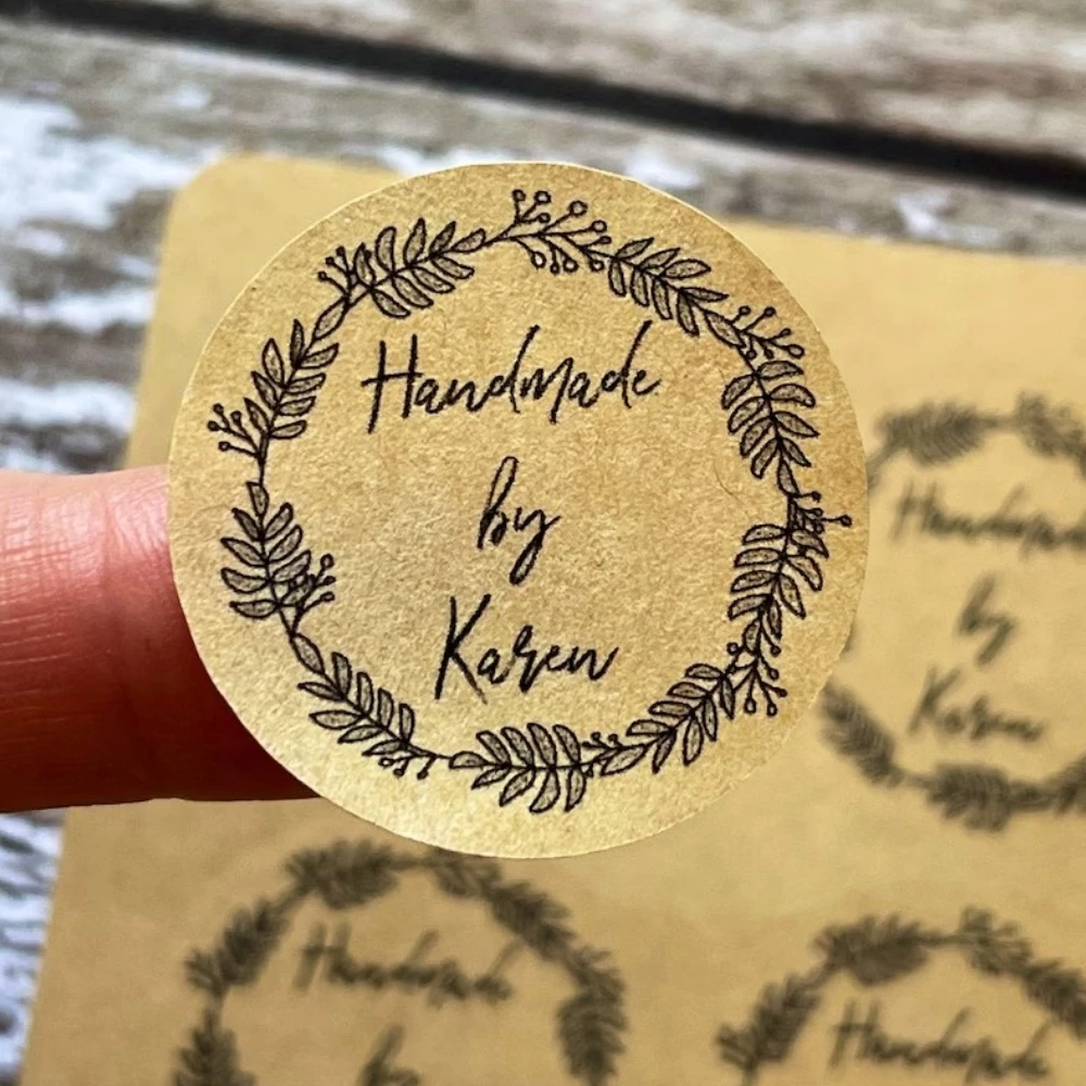 

Коричневые наклейки из крафт-бумаги, персонализированная бизнес-упаковка ручной работы, наклейки для малого бизнеса, круглые этикетки для венков