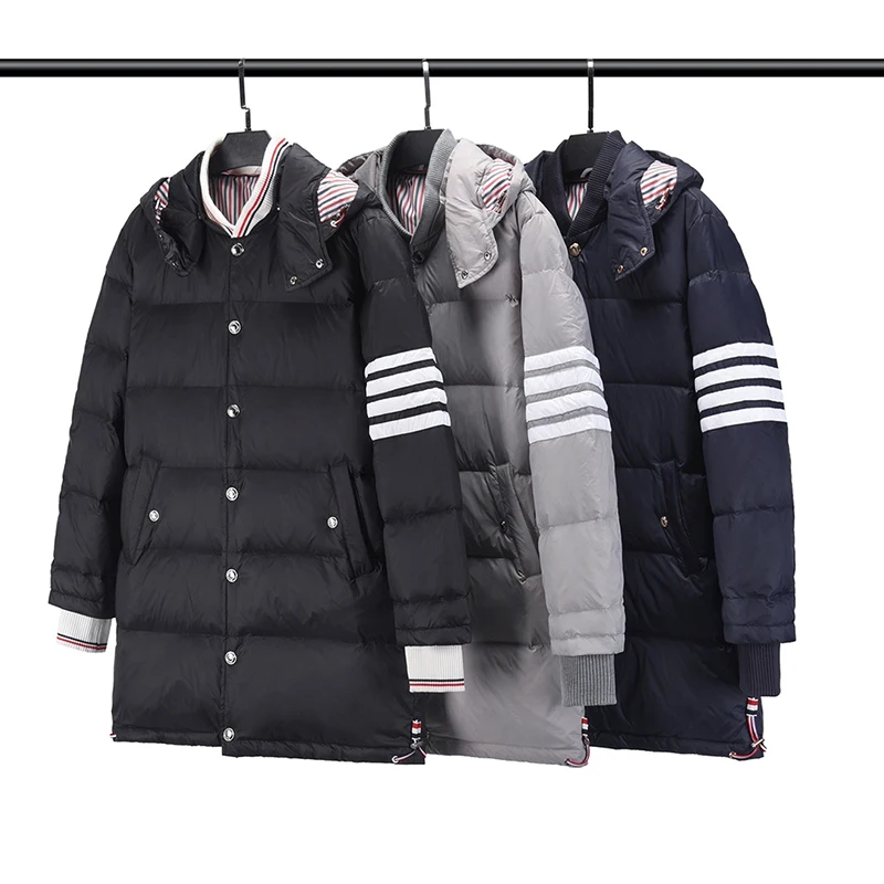 

TB THOM Down Jacket Men's Thicken Warm Long 4-bar Striped Design Casual Duck Down Hooded Coat Winter Women Puffer Jacket