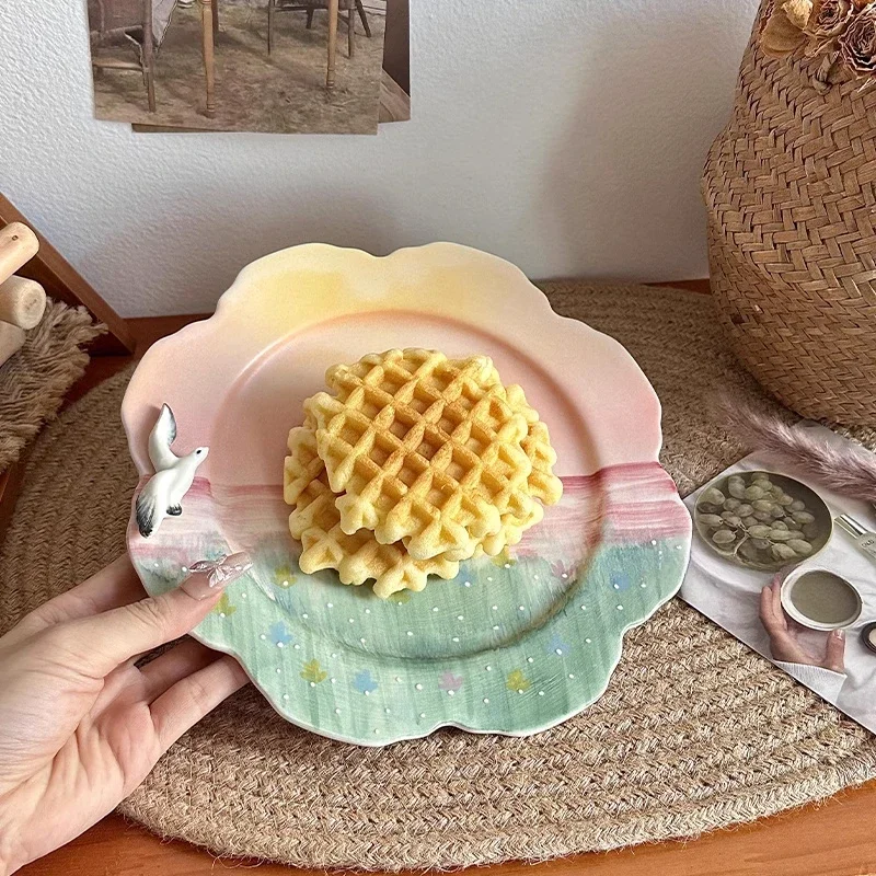 Ceramic Disc Lacework Simple Household Tableware High Appearance Level Hand Painting Plate Kitchen Creative Multipurpose Disk