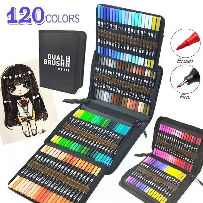 Watercolor Brush Marker Pen Art Markers Felt Tip Pens Sketchbooks For Drawing Stationery Supplies 60/120 Colored Dual Tip