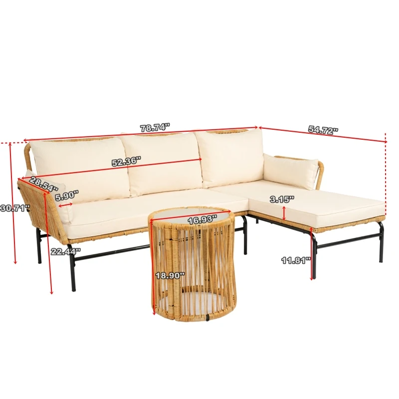 3 Pieces Outdoor Furniture Sets Table and Chairs with 3.15-inches Thick Cushion Outdoor Sofa Set Natural Yellow Wicker 6