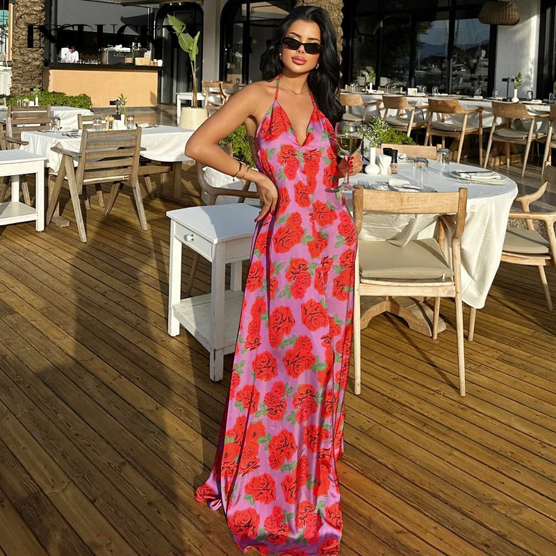 

InsLucky Rose Print Backless Cami Strap Lace-up Maxi Dress Women Sexy V Neck Sleeveless High Waist A Line Long Dresses Summer