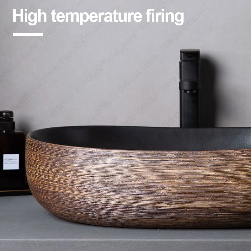 Brown Porcelain Ceramic Vessel Sink Above Counter Vanity Bowl Basin Bathroom Sanitary Balcony Table Sink Countertop Oval Basin 4