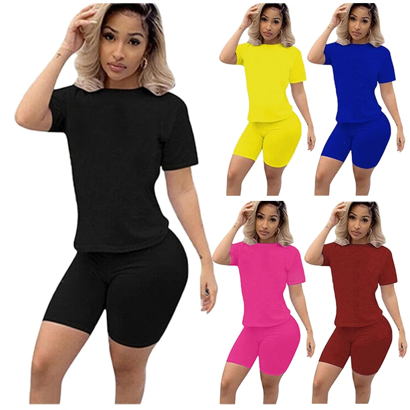 

Summer New Women Fashion Solid Color Print 2 Piece Sets Casual Sports Suit Short Sleeve T-shirt + Shorts S-3XL