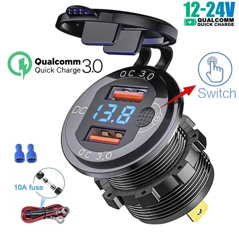 PD Type C/QC 3.0 USB Charger with Switch Socket Power Outlet Adapter Waterproof For 12V 24V Car Truck Boat RV Motorcycle