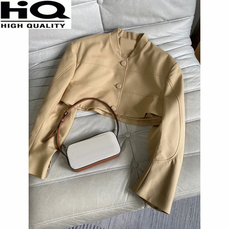 

Women High Street Casual Solid Color Single Breasted Khaki Extra Short Jacket
