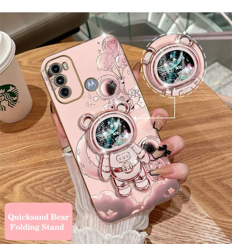 Quicksand Astronaut Plating Phone Holder Case For Motorola Moto G60 G53 G50 G42 G30 G20 G22 G52 E20 Plus G9 Play G8 Power Cover