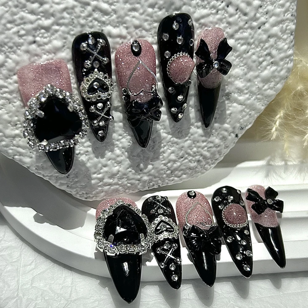 10개입 Y2K 갸루 케이 블랙 핑크 롱 팁 핸드메이드 프레스온 네일 지라이 보우 러브 다이아몬드 글리터 가짜 손톱 귀여운 다크 네일 아트 - AliExpress