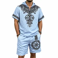 Nouvel ensemble décontracté d'été pour homme en fibre de polyester respirante, 2 pièces, avec chemise à manches courtes à capuche imprimé Viking et short de plage. 2