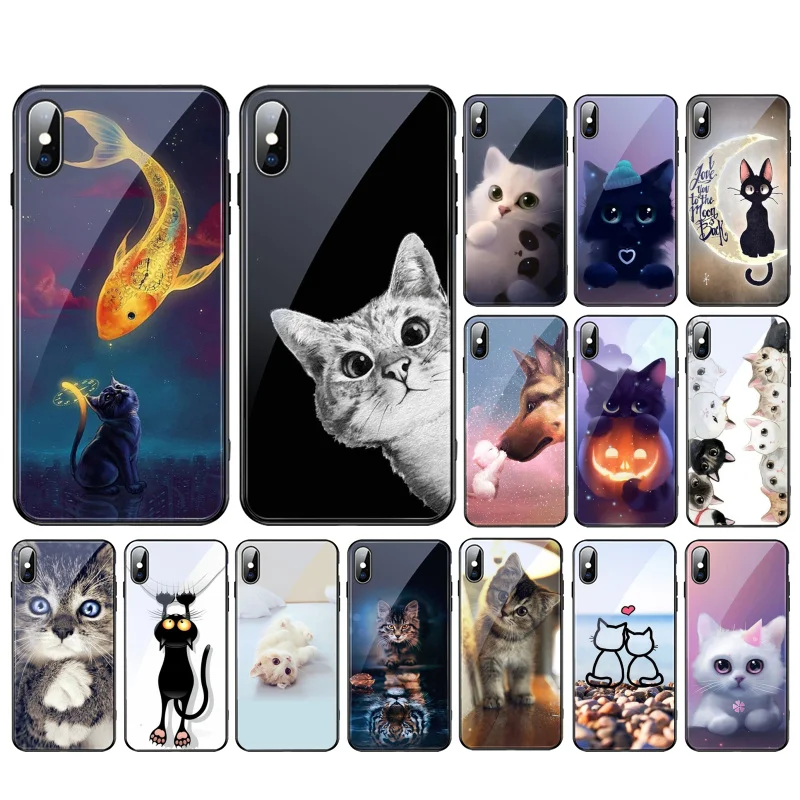 

Cute cat Glass phone case For iphone 15 14 13 Pro Max 12 11 Pro Max XS Mobile Phone Case Funda