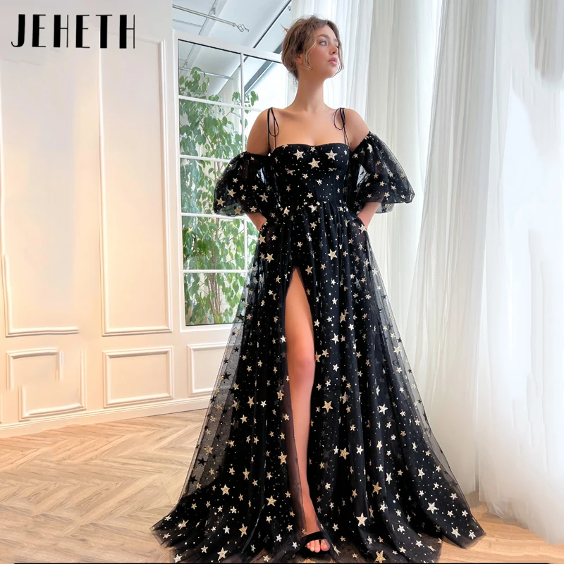 

JEHETH Black Starry Tulle Prom Dresses Spaghetti Straps Puff Sleeves Party Strapless Side Split Gowns Backless Vestido De Fiesta