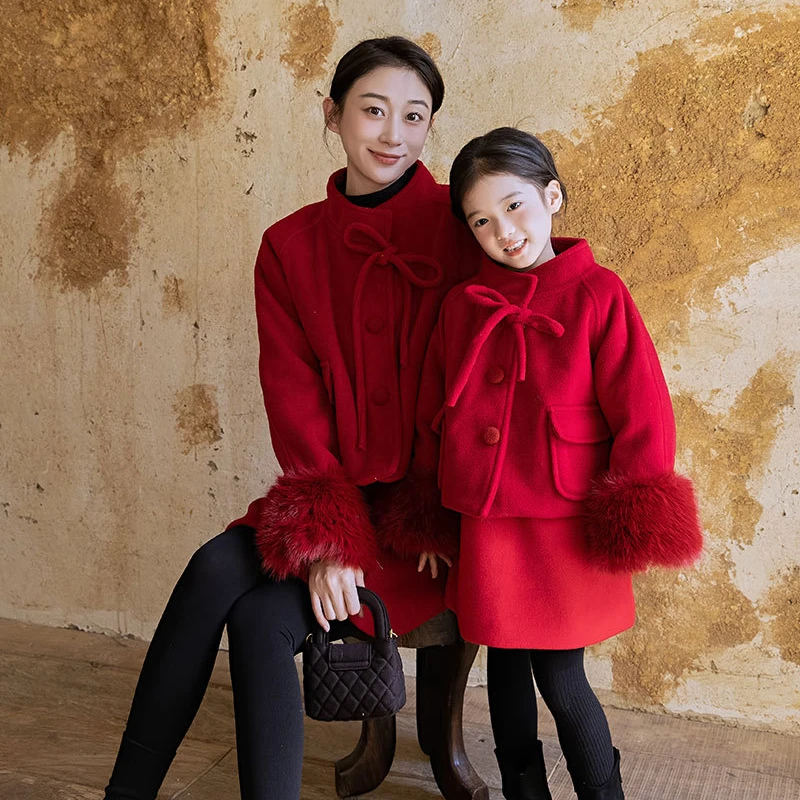 Mother and Dughter Matching Winter Outfits Women Red Warm Jacket