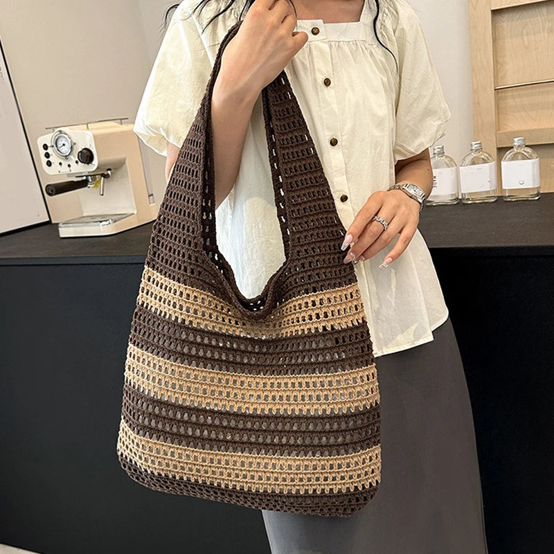 Women Aesthetic Shoulder Bag Contrast Color Knitted Tote Handbag Hollow Out Knitting Stripe Handbag Woven Bag for Female