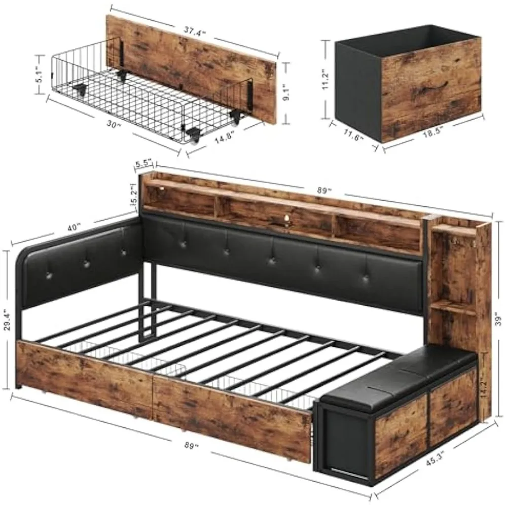 Corner Bed Frame, Twin Daybed with 2 Drawers & Charging Station, Platform Bed Frame Bookcase Headboard 2