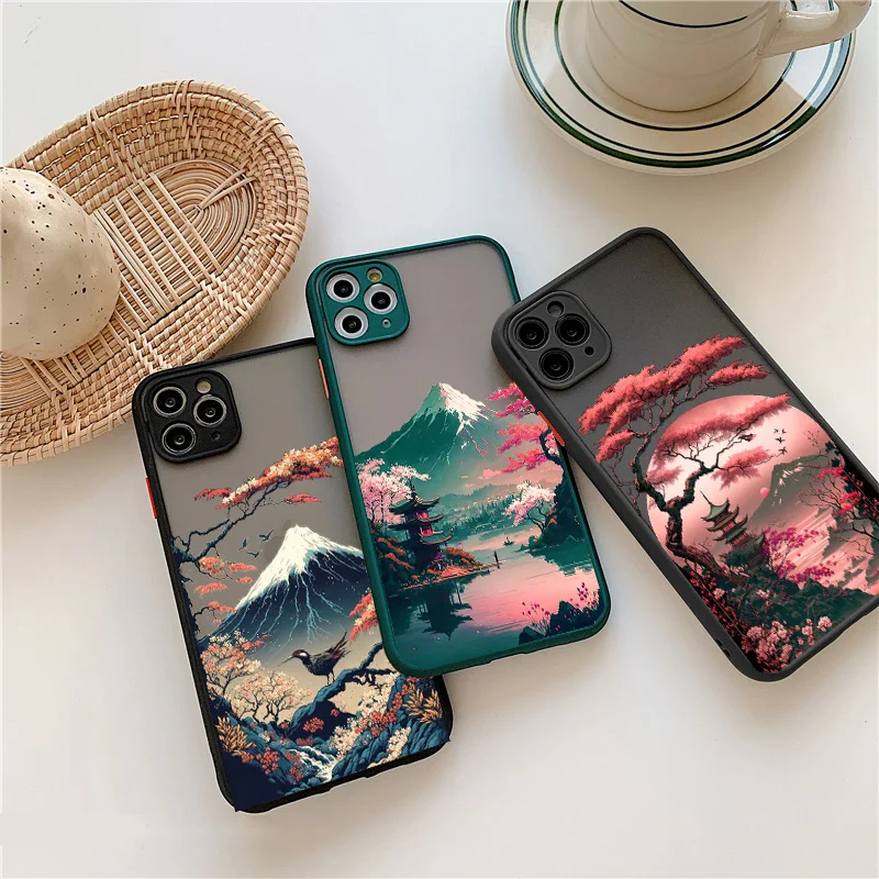 Japanese Aesthetic Mount Fuji Landscape Map Phone Case For iPhone 7 8 Plus 14 13 12 11 15 Pro Max Mini XR XS X Shockproof Cover