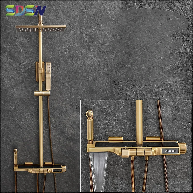 

Antique Piano Digital Shower Set with Waterfall Shower Head Sprinkler Brass Bathroom Mixer Faucets Thermostatic Shower System