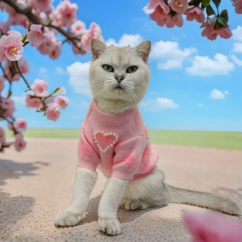 고양이 옷 귀여운 진주 하트 패턴 디자인 고양이 스웨터 강아지 개를위한 따뜻한 겨울 후드