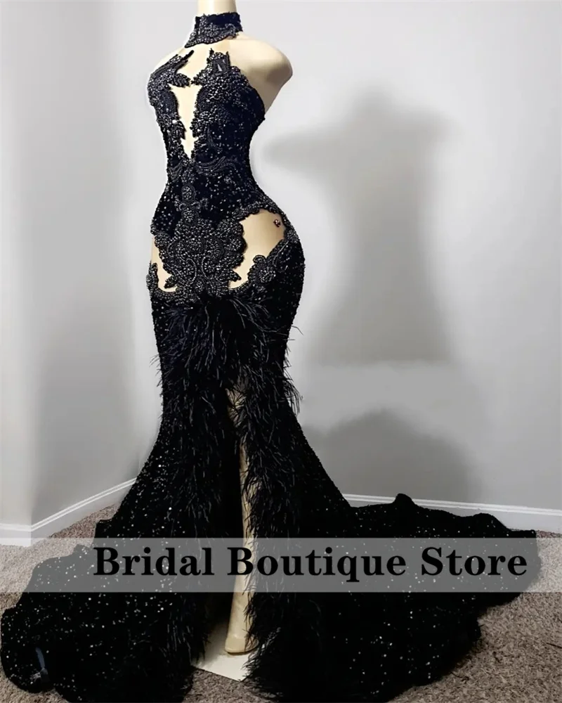 

Luxury Sparkly Black Mermaid Prom Dress 2024 Glitter Sequin Crystal Beads Feathers Wedding Party Evening Gown Robe De Bal Custom