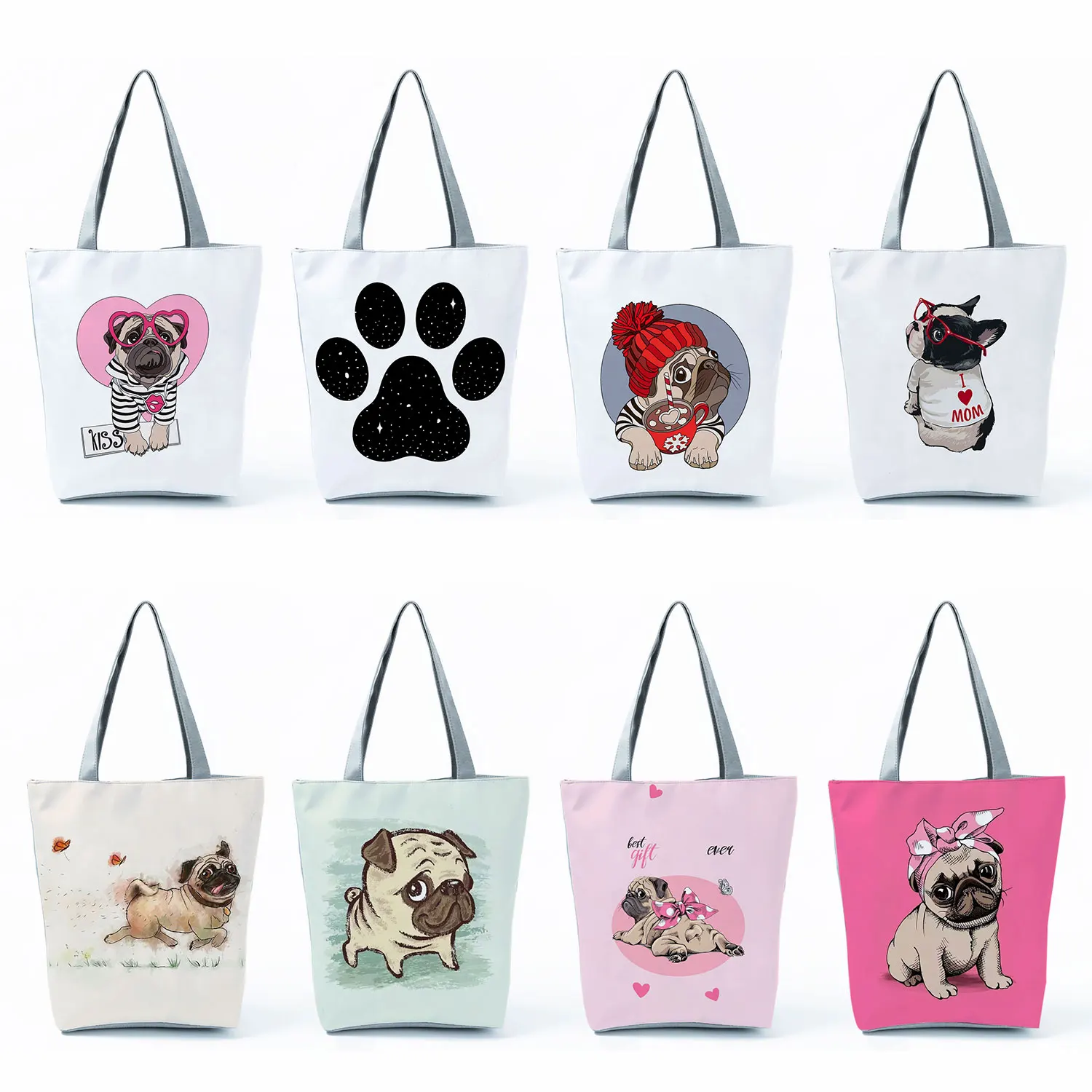 

Shopper Bag Travel Cute Pug Paw Funny Print School Teacher Gift Bag Portable Tote Shoulder Bag Handbag Eco Women Customizable