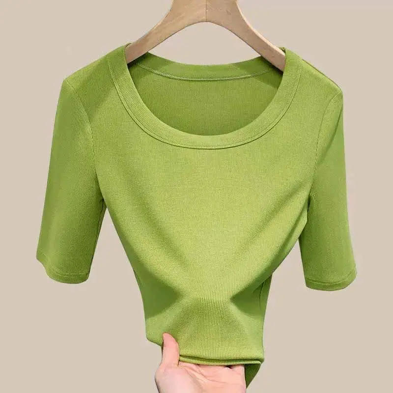 

Облегающие Женские однотонные тонкие летние универсальные повседневные Модные шикарные топы с коротким рукавом, повседневные Элегантные женские новые футболки с круглым вырезом A762