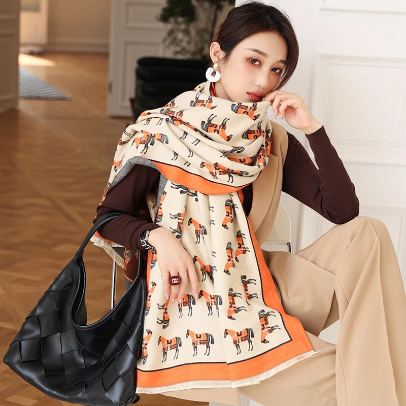 Scarf Women Winter Scarf Pashmina Shawls Wraps Thick Cashmere Scarves Warm  Thick Blanket Horse Printed Shawl and Wraps