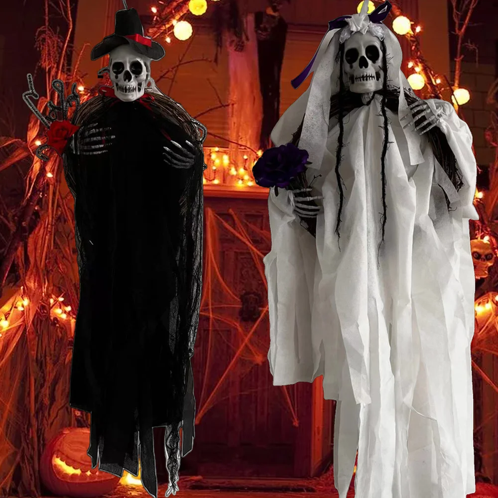 

Black White Hanging Skull Ghost Haunted House Decoration Horror Props Halloween Festival Party Pendant Garden Courtyard Decor