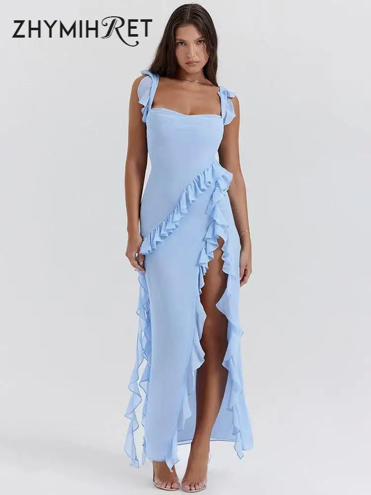 

ZHYMIHRE Sweet Ruffles Side Split Women's Long Summer Dress A Line Holiday Festival Beach Outfit Lettuce Edge Backless Dress