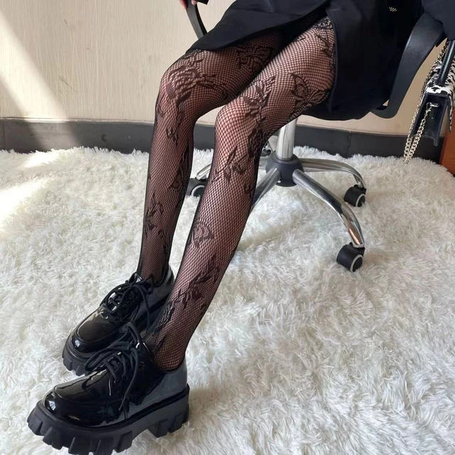 Women Tights Pantyhose Lingerie Sexy Mesh Fishnet Thigh High Stockings  Butterfly Print Japan Style Lolita Tights