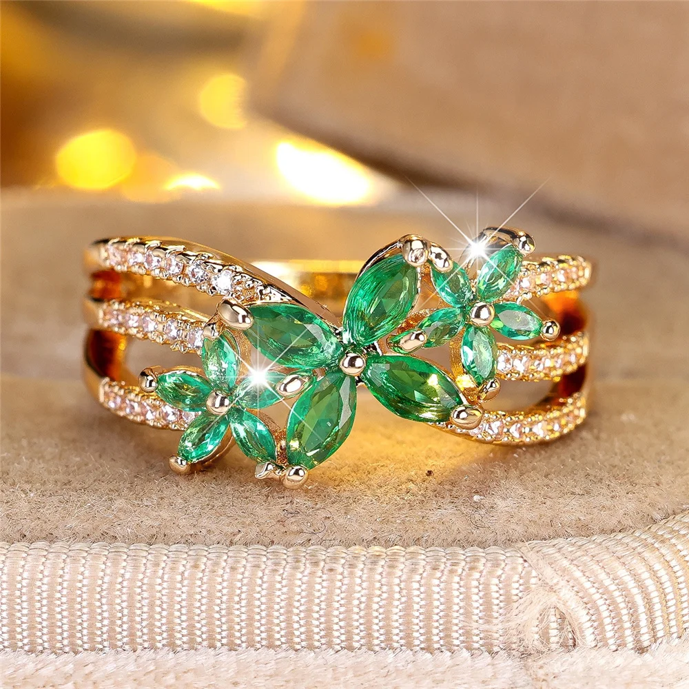 Female Cute Stars Green Zircon Stone Gold Color Wedding Jewelry Promise Engagement Flower Rings For Women