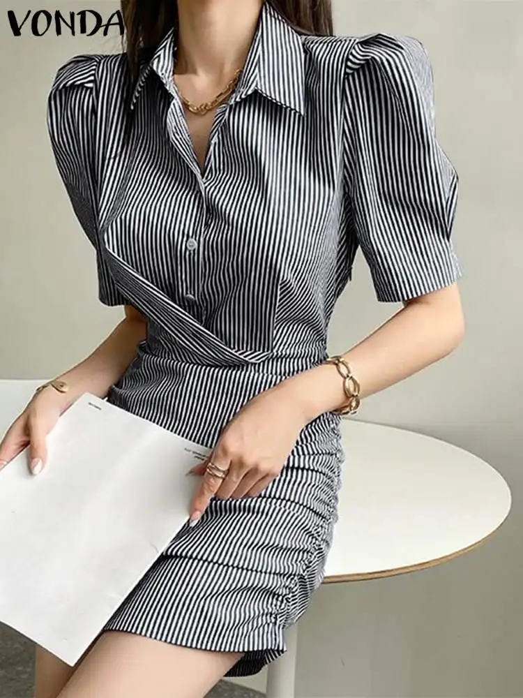 

Striped Elegant Sundress VONDA 2023 Summer Sexy Pleated Short Sleeve Button Mini Dress Women Casual Loose Streetwear Vestidos