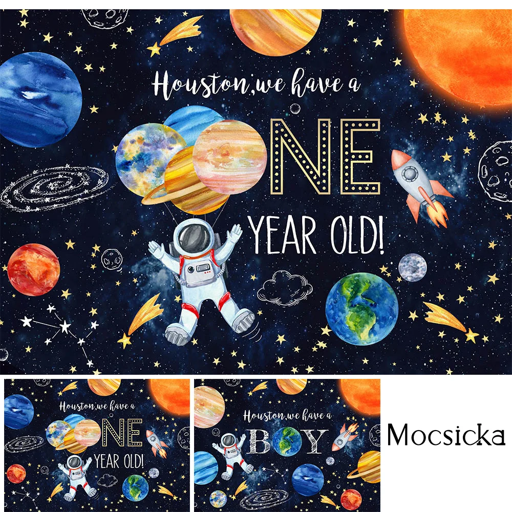 

Astronaut Space Boy One Birthday Backdrop Photocall Universe Kids Cake Smash Background Starry Sky Stars Custom Party Supplies