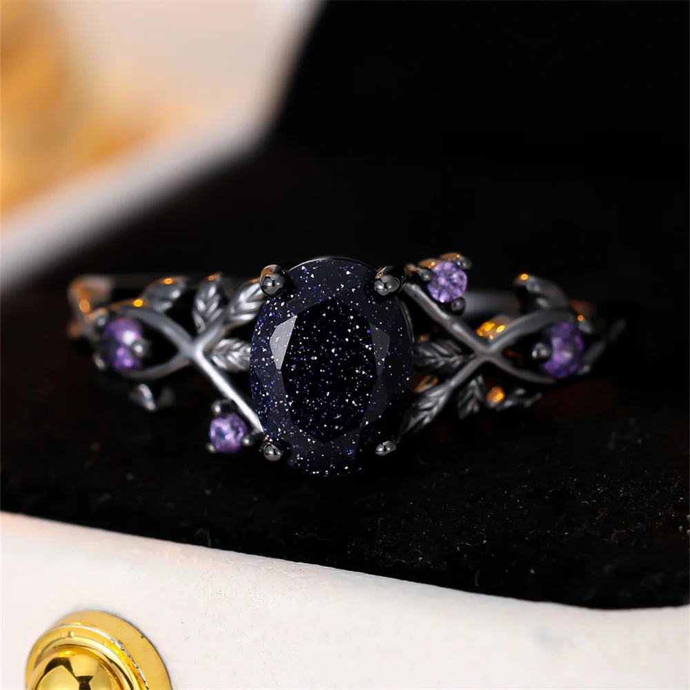 Blue Crystal Oval Stone Purple Zircon Rings For Women Vintage Black Metal Engagement Ring Wedding Jewelry Bridal Birthday Gifts