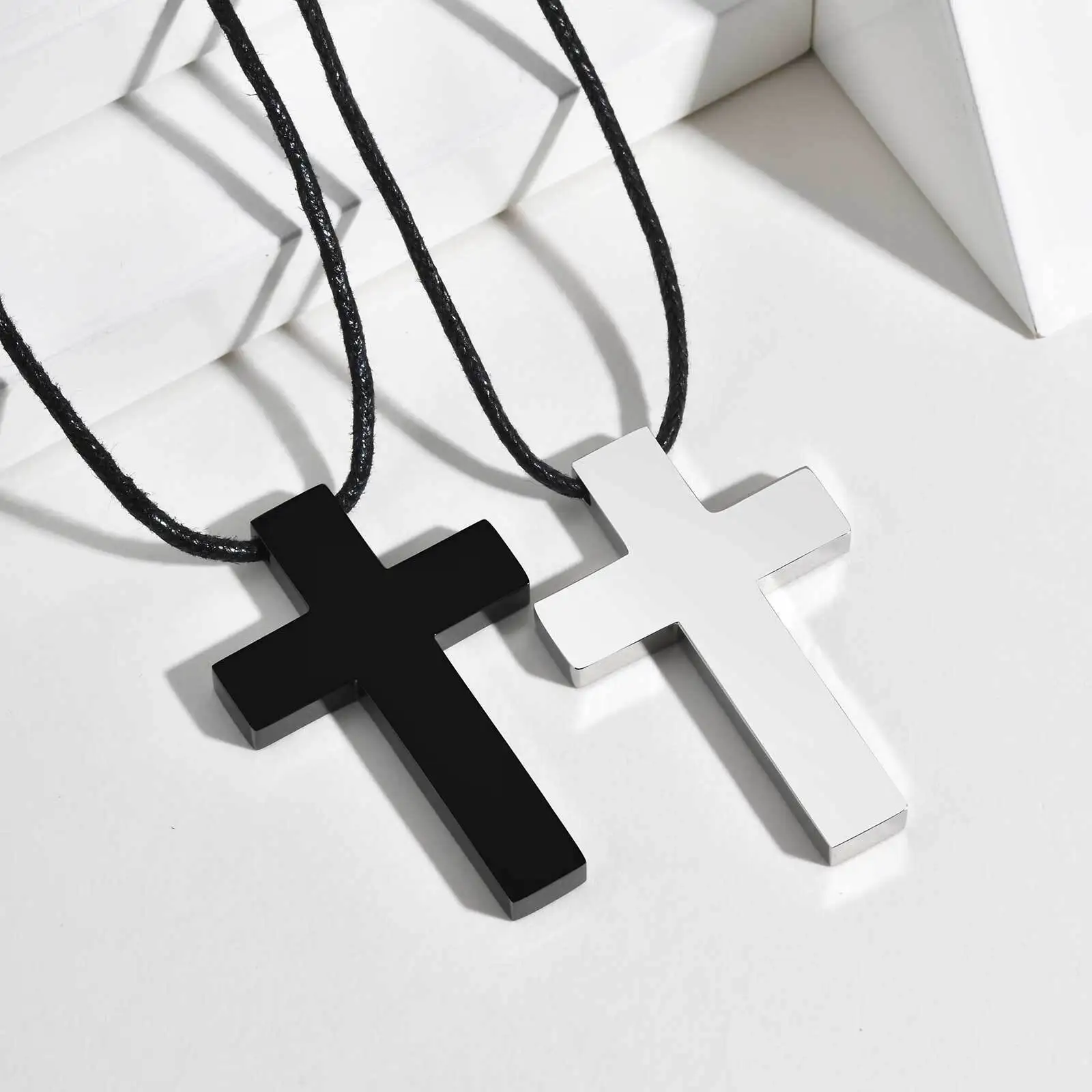 Big Cross Pendant Necklaces for Men, Stainless Steel Cross Pendant with Black Matte Wax Rope,Long Necklace