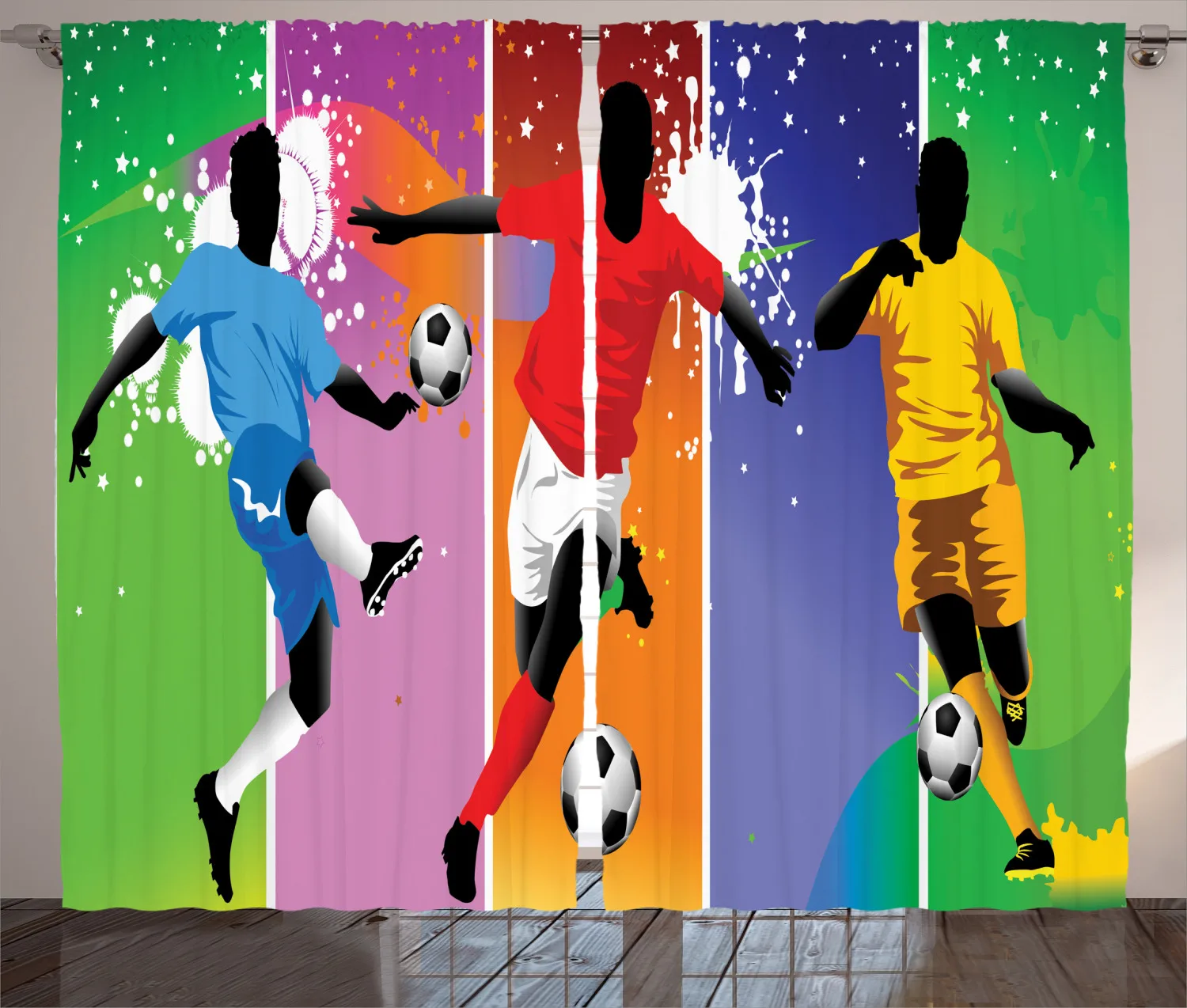 Soccer Curtains Design Elements with 4 Player Satin Fabric Drapes for Living Room Bedroom 2 Panel Window Set | Дом и сад